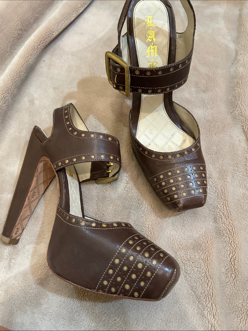 L.A.M.B. Brown Embossed Detail Platform Heels